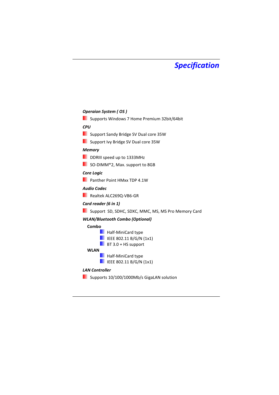 Pecification, Specification | Elitegroup MB45II7 WIN8 User Manual | Page 61 / 63