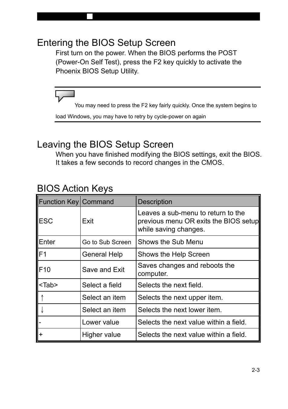 Entering the bios setup screen, Leaving the bios setup screen, Bios action keys | Elitegroup P53IN v.2 User Manual | Page 3 / 8
