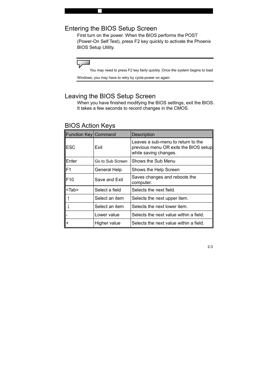 Entering the bios setup screen, Leaving the bios setup screen, Bios action keys | Elitegroup P53IA v.2 User Manual | Page 3 / 8