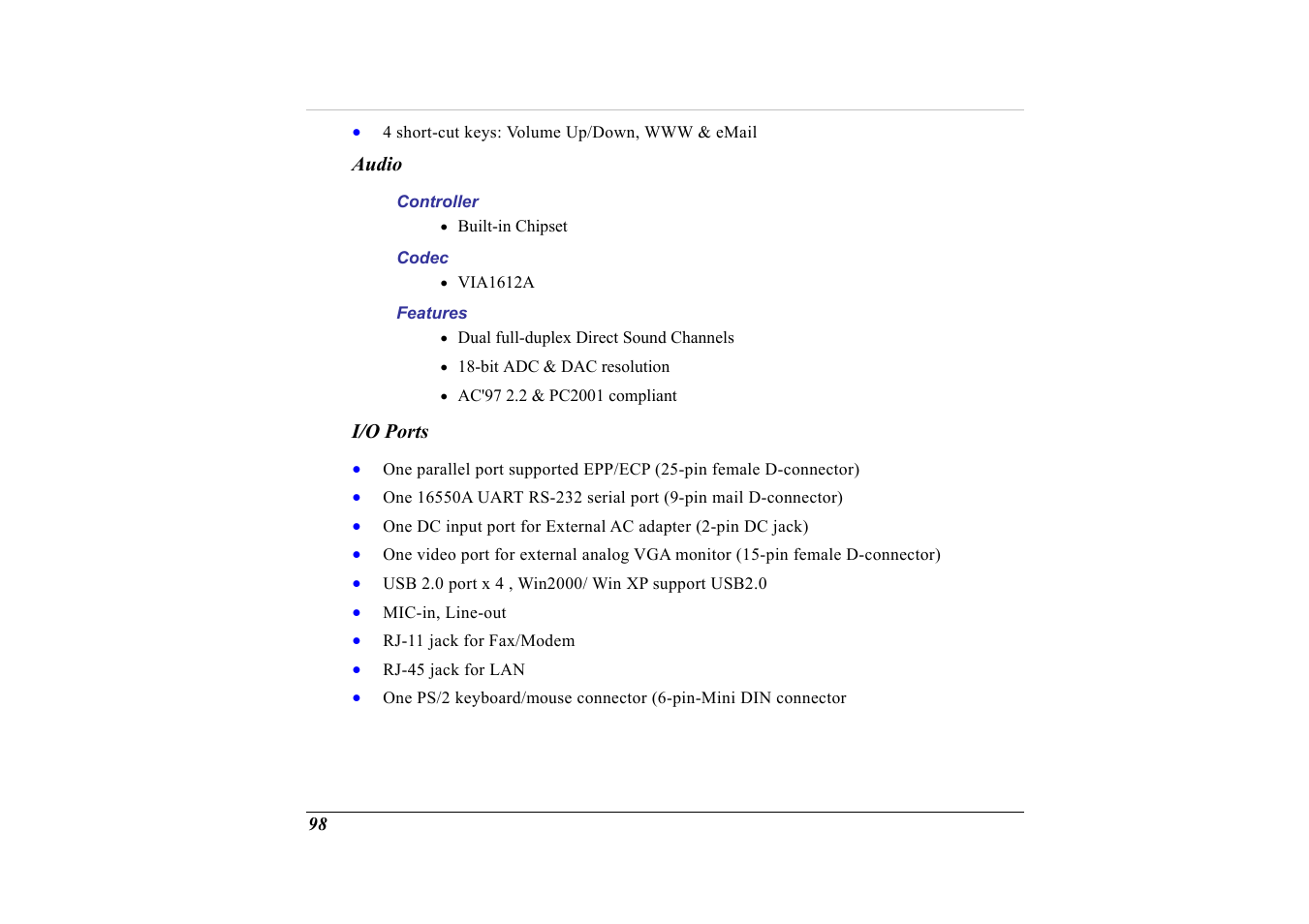 Audio, I/o ports | Elitegroup G320 User Manual | Page 100 / 103