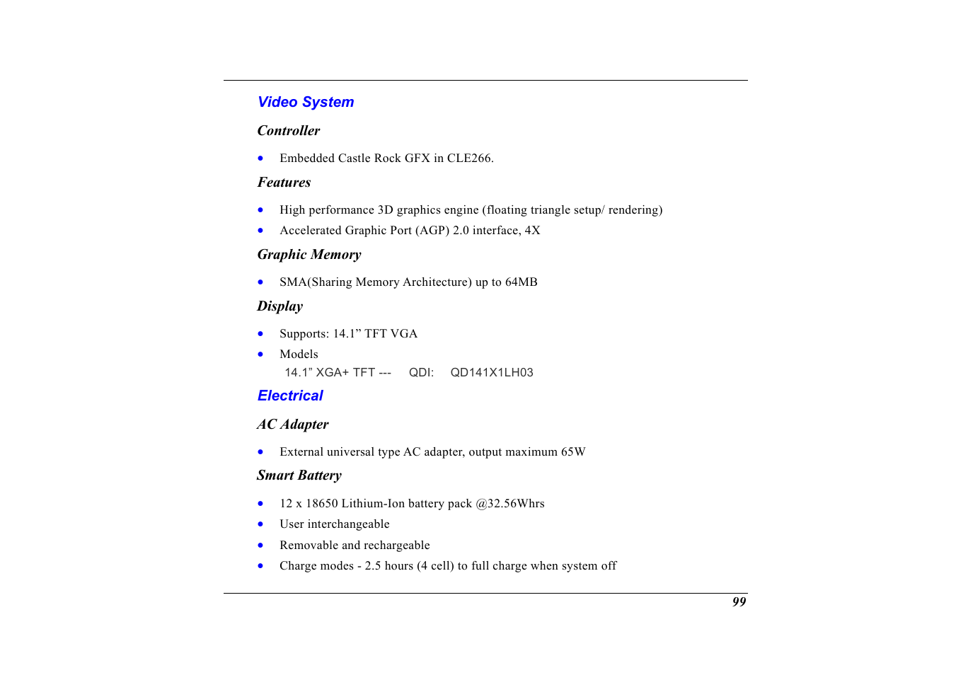 Video system, Controller, Features | Graphic memory, Display, Electrical, Ac adapter, Smart battery | Elitegroup G320 User Manual | Page 101 / 103