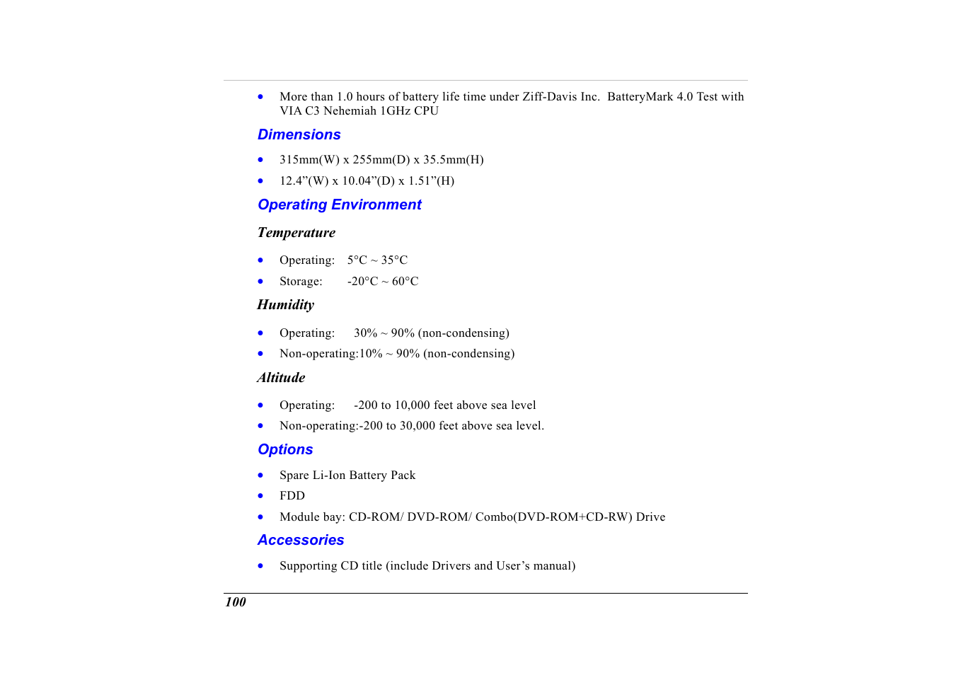 Dimensions, Operating environment, Temperature | Humidity, Altitude, Options, Accessories | Elitegroup G320 User Manual | Page 102 / 103