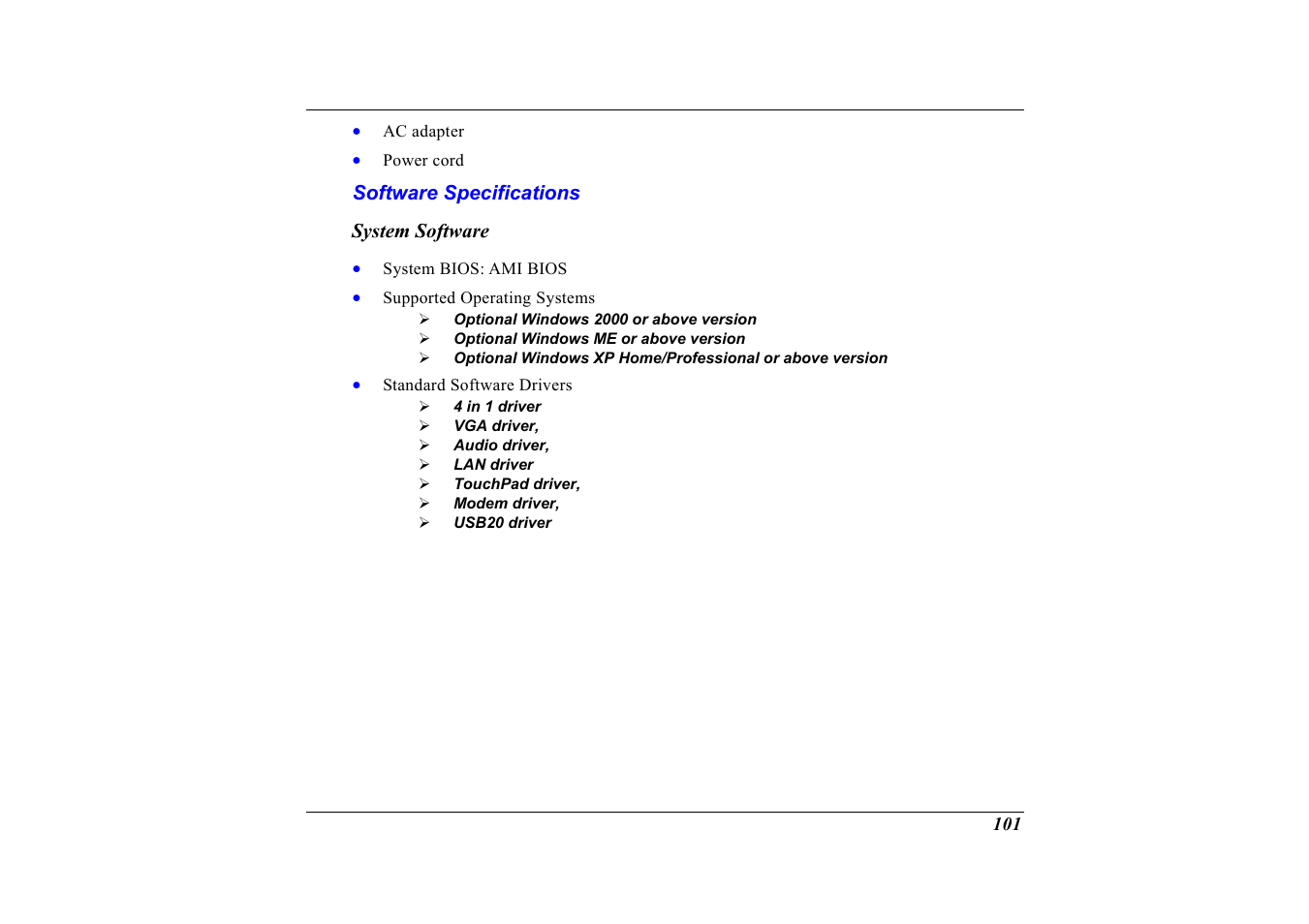 Software specifications, System software | Elitegroup G320 User Manual | Page 103 / 103