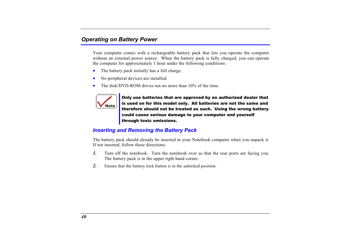 Operating on battery power, Inserting and removing the battery pack | Elitegroup G320 User Manual | Page 42 / 103