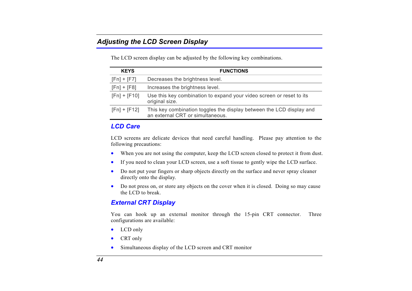 Adjusting the lcd screen display, Lcd care, External crt display | Elitegroup G320 User Manual | Page 46 / 103