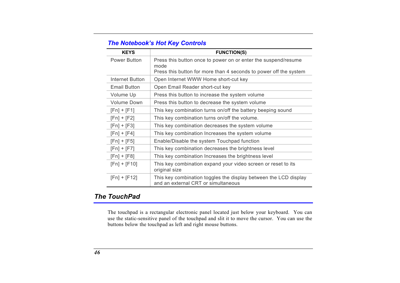 The notebook’s hot key controls, The touchpad | Elitegroup G320 User Manual | Page 48 / 103