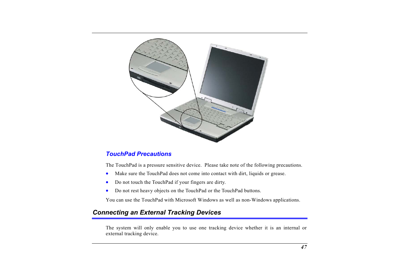 Touchpad precautions, Connecting an external tracking devices | Elitegroup G320 User Manual | Page 49 / 103