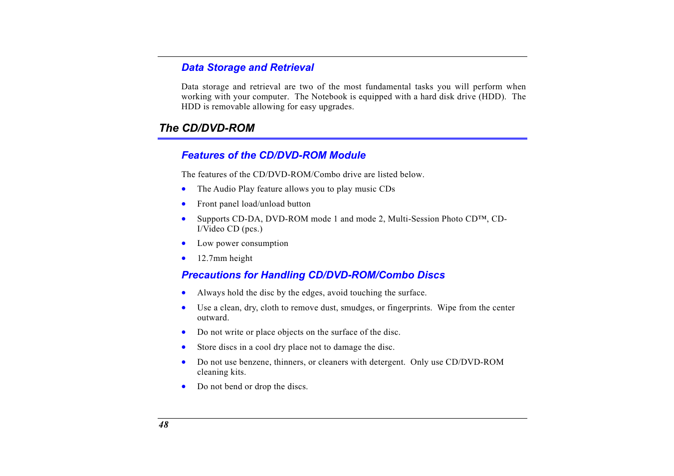 Data storage and retrieval, The cd/dvd-rom, Features of the cd/dvd-rom module | Precautions for handling cd/dvd-rom/combo discs | Elitegroup G320 User Manual | Page 50 / 103