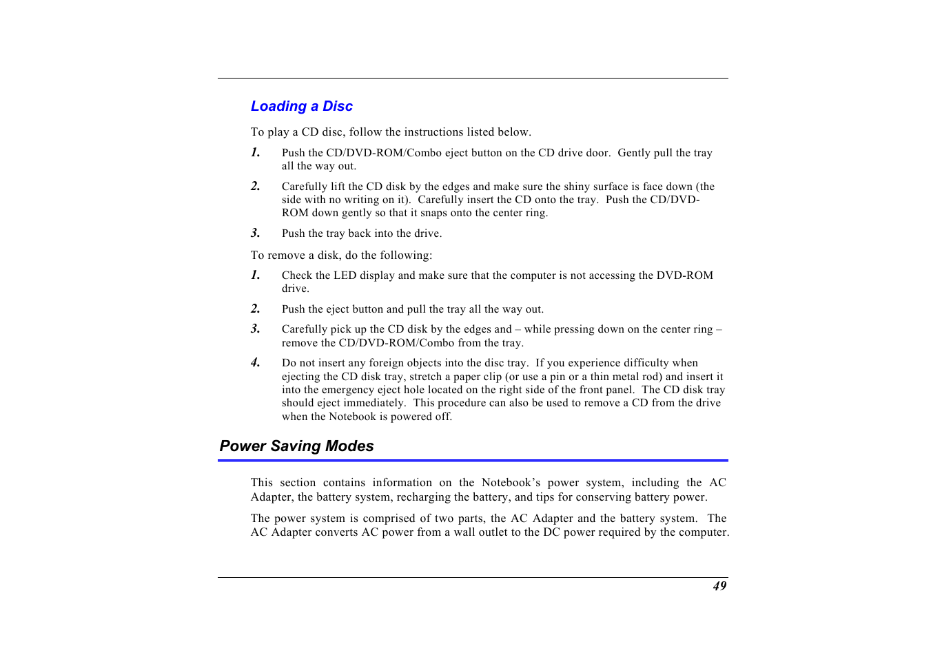 Loading a disc, Power saving modes | Elitegroup G320 User Manual | Page 51 / 103