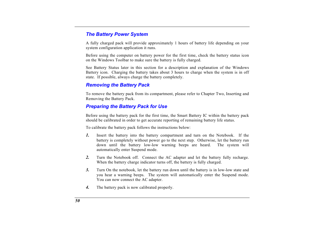 The battery power system, Removing the battery pack, Preparing the battery pack for use | Elitegroup G320 User Manual | Page 52 / 103