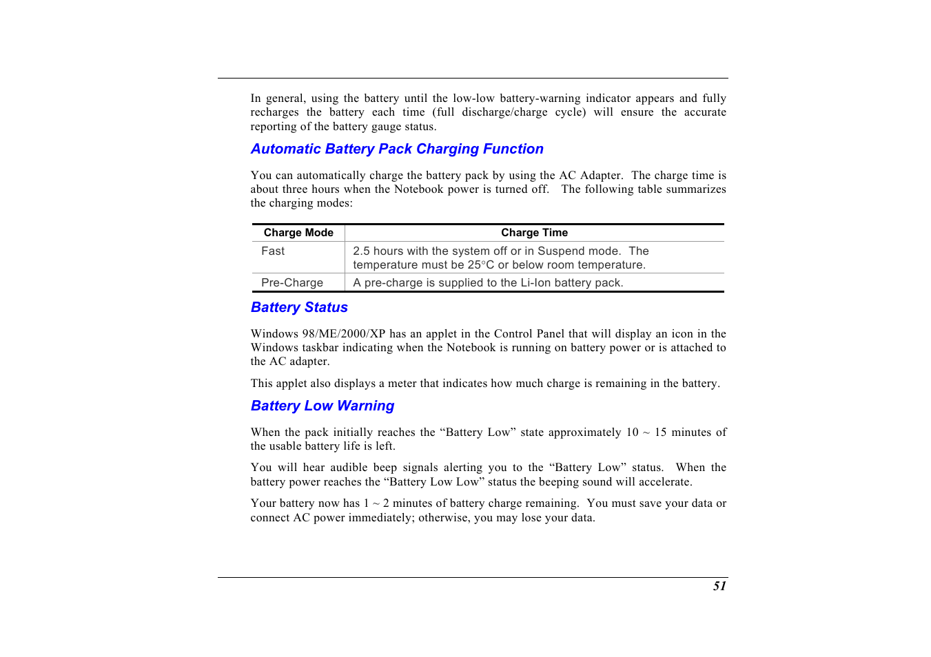 Automatic battery pack charging function, Battery status, Battery low warning | Elitegroup G320 User Manual | Page 53 / 103