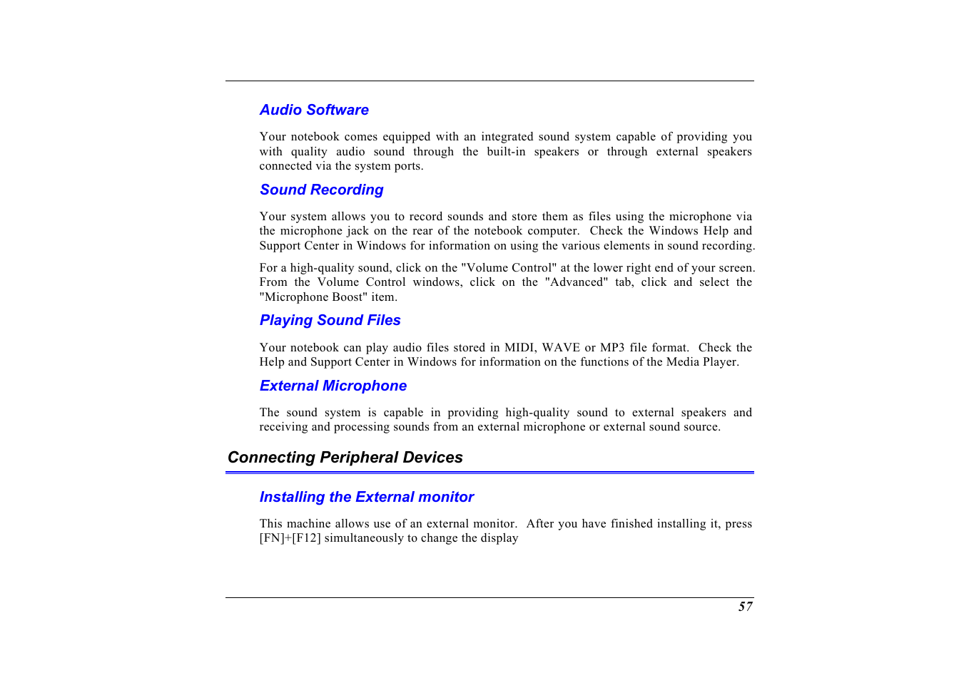 Audio software, Sound recording, Playing sound files | External microphone, Connecting peripheral devices, Installing the external monitor | Elitegroup G320 User Manual | Page 59 / 103