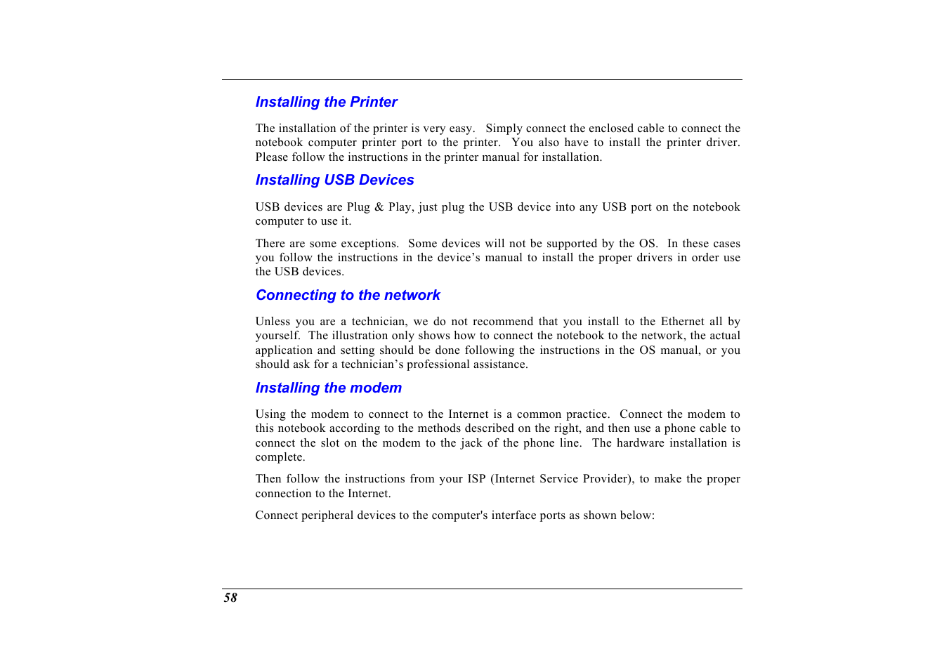 Installing the printer, Installing usb devices, Connecting to the network | Installing the modem | Elitegroup G320 User Manual | Page 60 / 103