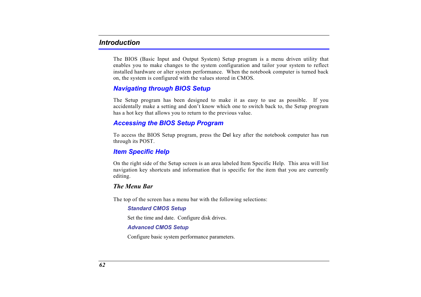 Introduction, Navigating through bios setup, Accessing the bios setup program | Item specific help, The menu bar | Elitegroup G320 User Manual | Page 64 / 103