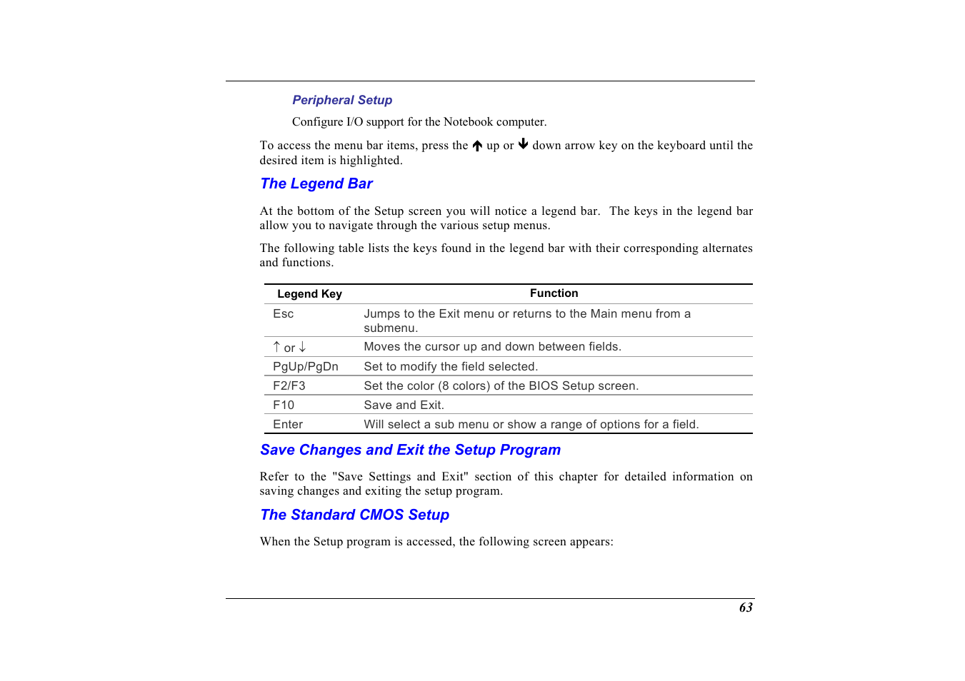 The legend bar, Save changes and exit the setup program, The standard cmos setup | Elitegroup G320 User Manual | Page 65 / 103