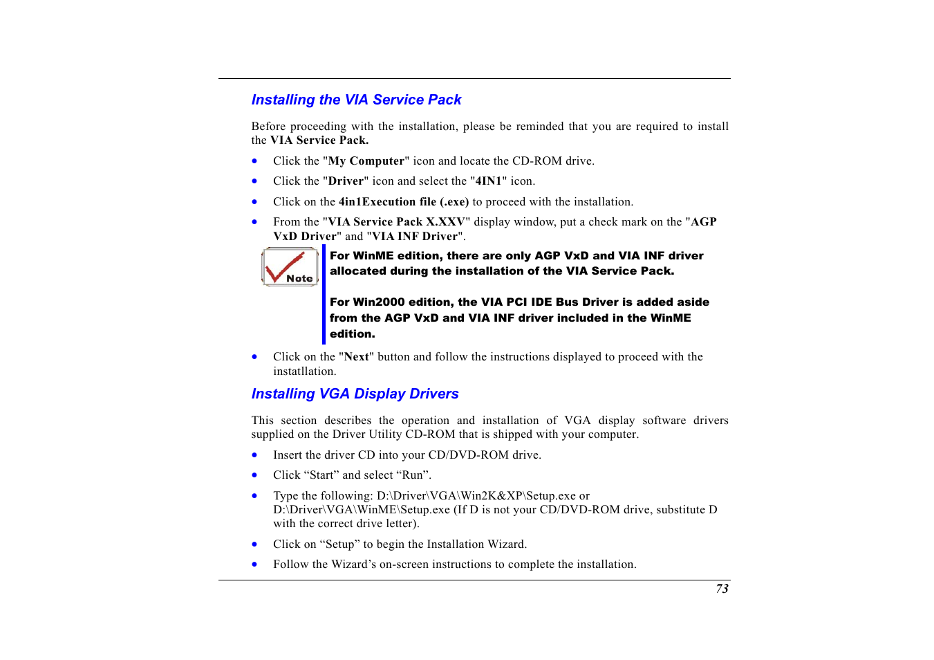 Installing the via service pack, Installing vga display drivers | Elitegroup G320 User Manual | Page 75 / 103