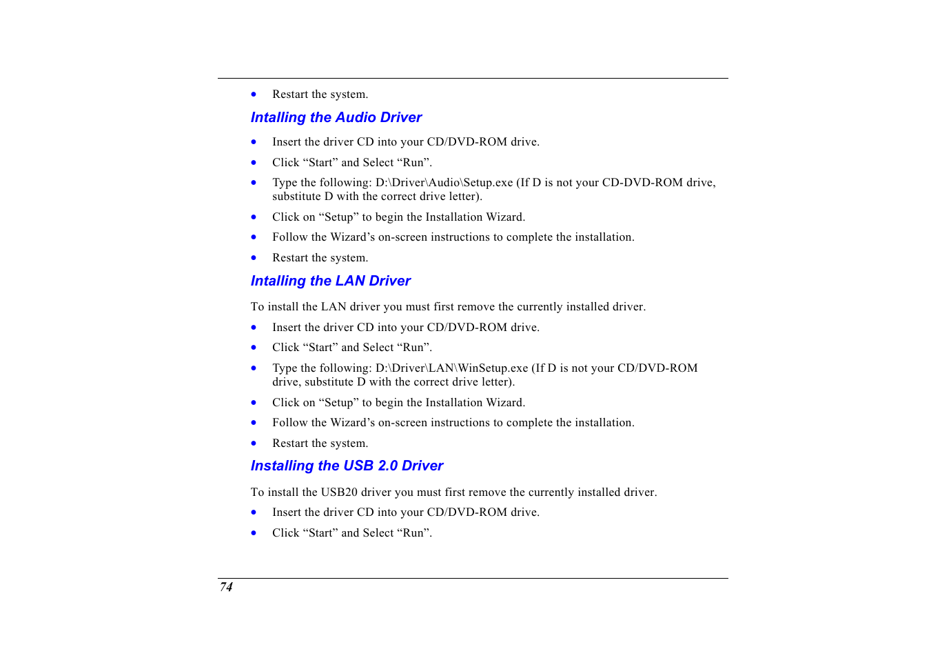 Intalling the audio driver, Intalling the lan driver, Installing the usb 2.0 driver | Elitegroup G320 User Manual | Page 76 / 103