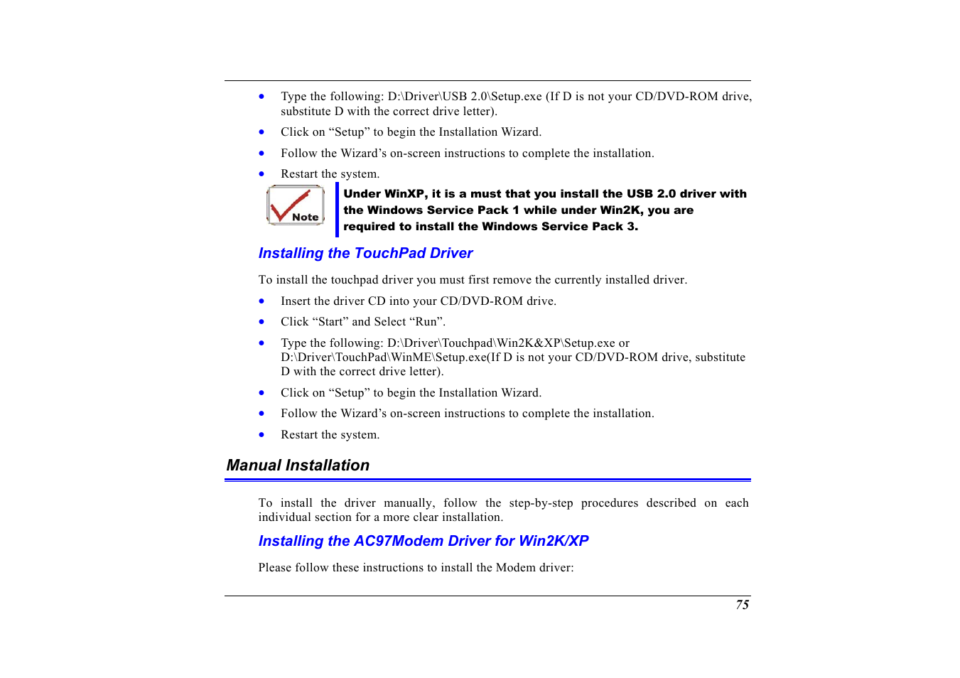 Installing the touchpad driver, Manual installation, Installing the ac97modem driver for win2k/xp | Elitegroup G320 User Manual | Page 77 / 103