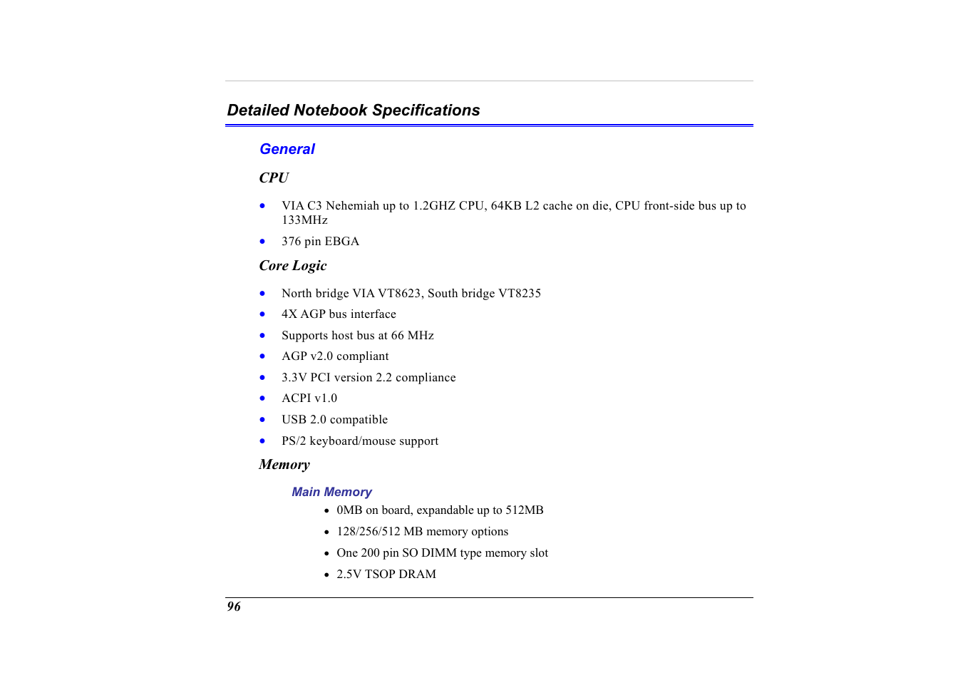 Detailed notebook specifications, General, Core logic | Memory | Elitegroup G320 User Manual | Page 98 / 103