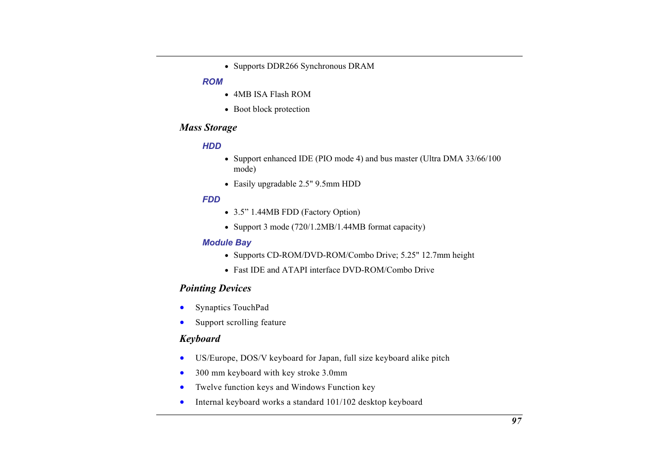 Mass storage, Pointing devices, Keyboard | Elitegroup G320 User Manual | Page 99 / 103