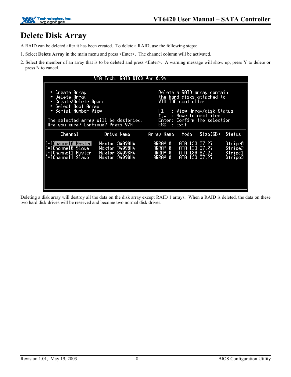 Delete disk array, Vt6420 user manual – sata controller | Elitegroup P71EN installation User Manual | Page 12 / 47