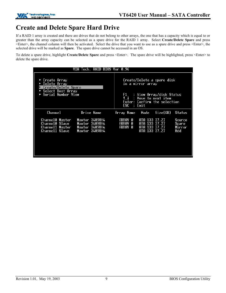 Create and delete spare hard drive, Vt6420 user manual – sata controller | Elitegroup P71EN installation User Manual | Page 13 / 47