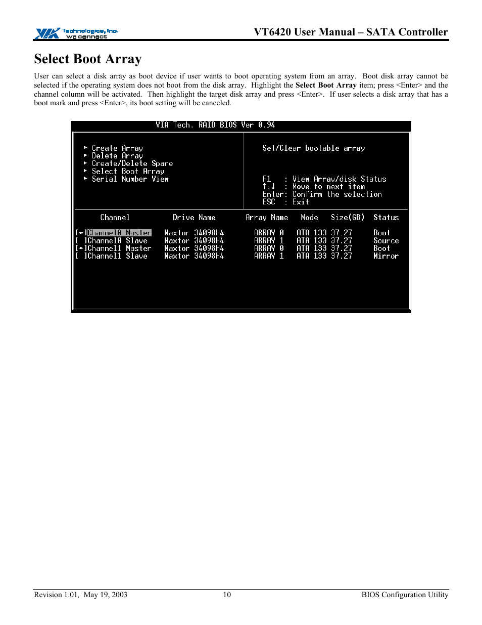 Select boot array, Vt6420 user manual – sata controller | Elitegroup P71EN installation User Manual | Page 14 / 47