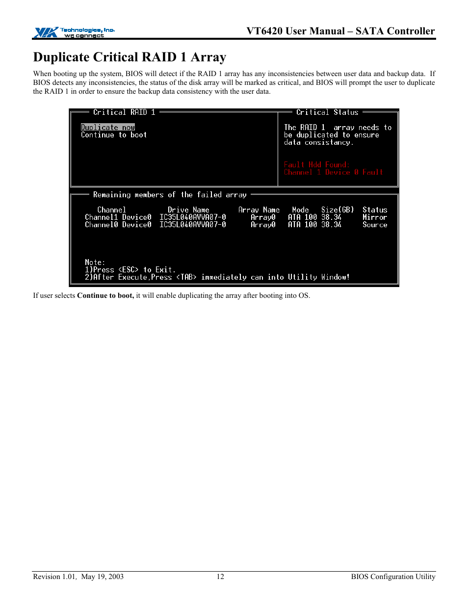 Duplicate critical raid 1 array, Vt6420 user manual – sata controller | Elitegroup P71EN installation User Manual | Page 16 / 47