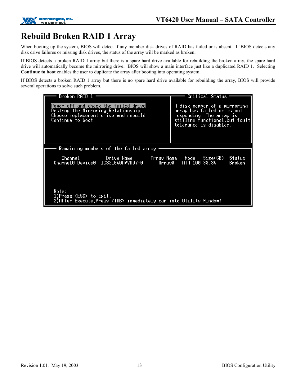 Rebuild broken raid 1 array, Vt6420 user manual – sata controller | Elitegroup P71EN installation User Manual | Page 17 / 47