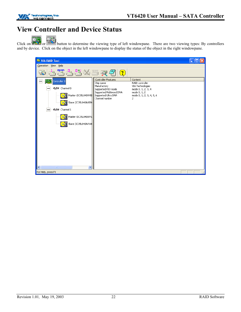 View controller and device status, Vt6420 user manual – sata controller | Elitegroup P71EN installation User Manual | Page 26 / 47