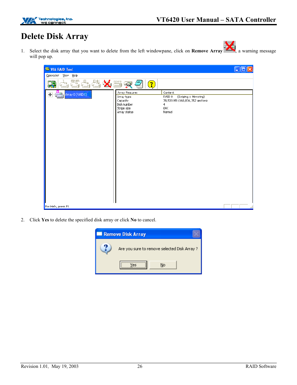 Delete disk array, Vt6420 user manual – sata controller | Elitegroup P71EN installation User Manual | Page 30 / 47