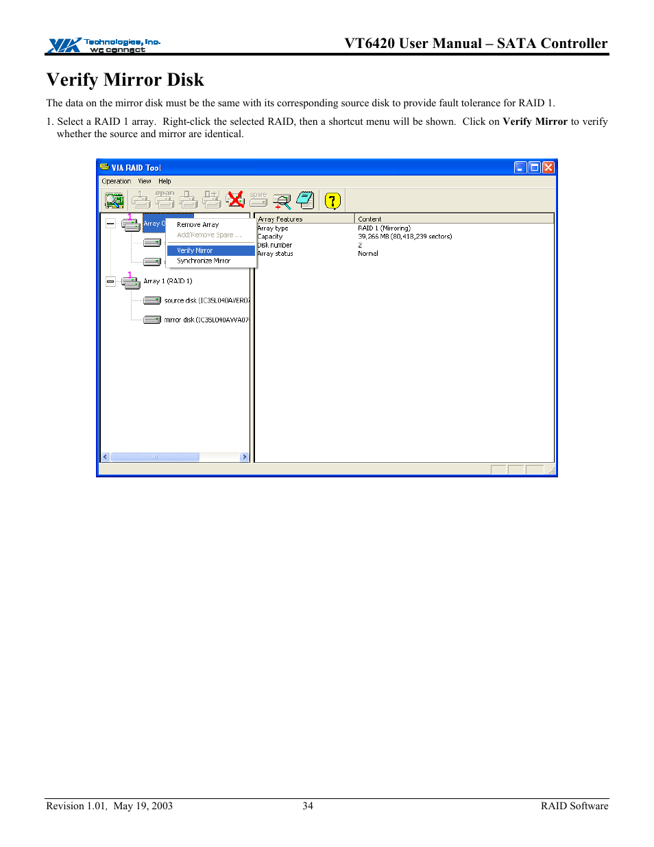 Verify mirror disk, Vt6420 user manual – sata controller | Elitegroup P71EN installation User Manual | Page 38 / 47