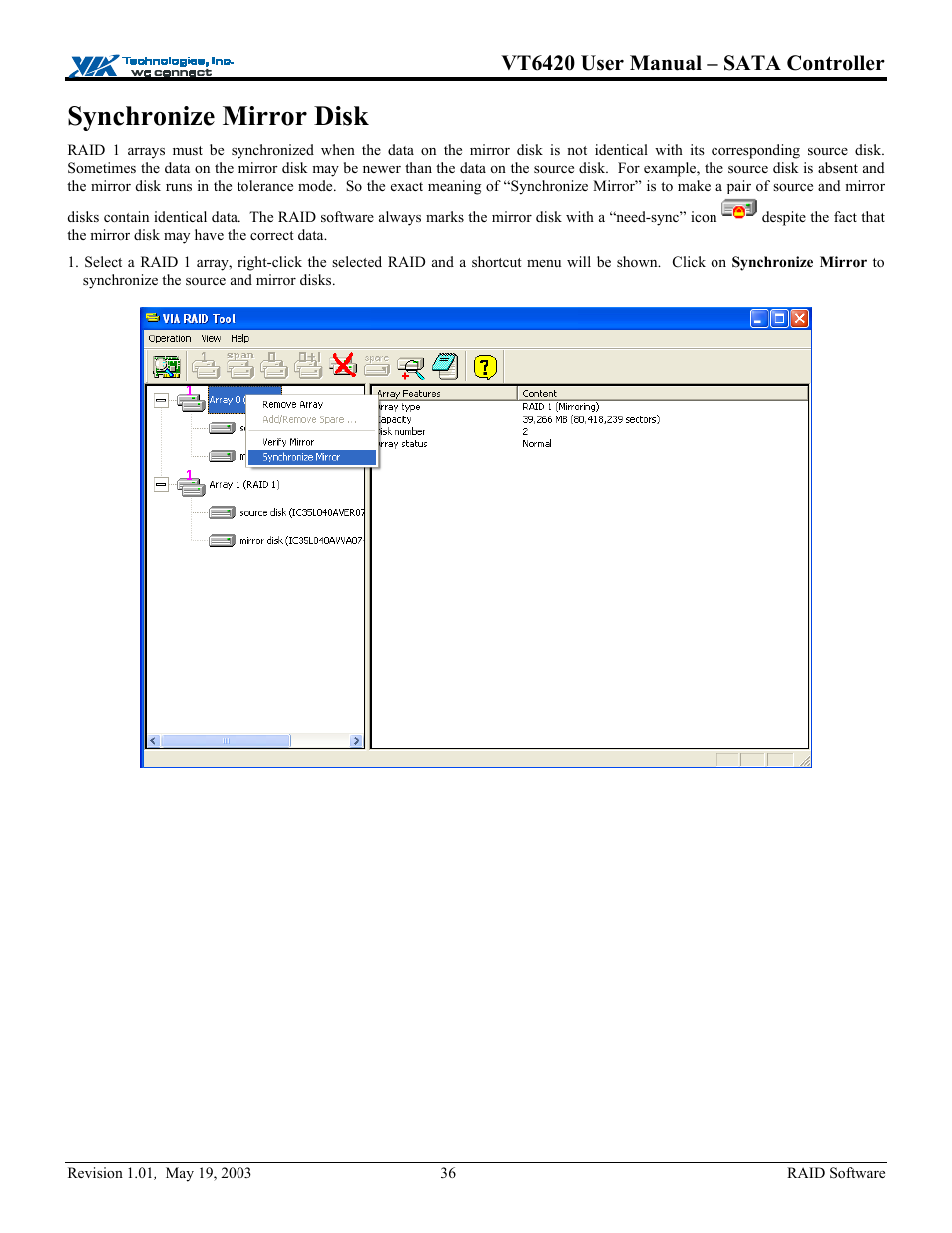 Synchronize mirror disk, Vt6420 user manual – sata controller | Elitegroup P71EN installation User Manual | Page 40 / 47