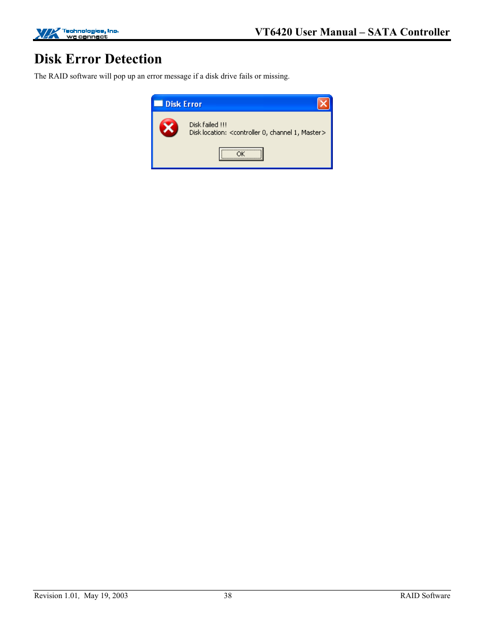 Disk error detection, Vt6420 user manual – sata controller | Elitegroup P71EN installation User Manual | Page 42 / 47