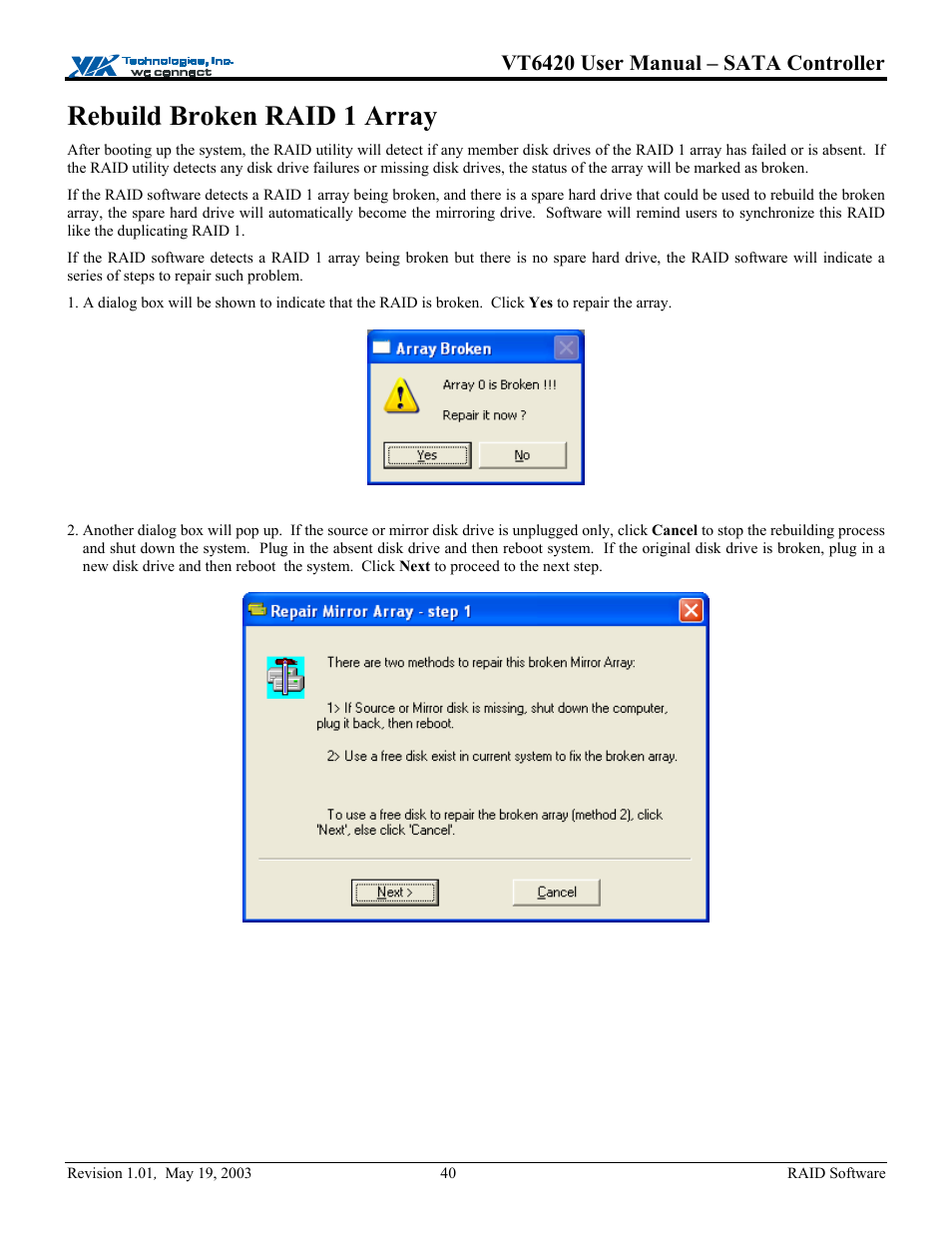 Rebuild broken raid 1 array, Vt6420 user manual – sata controller | Elitegroup P71EN installation User Manual | Page 44 / 47