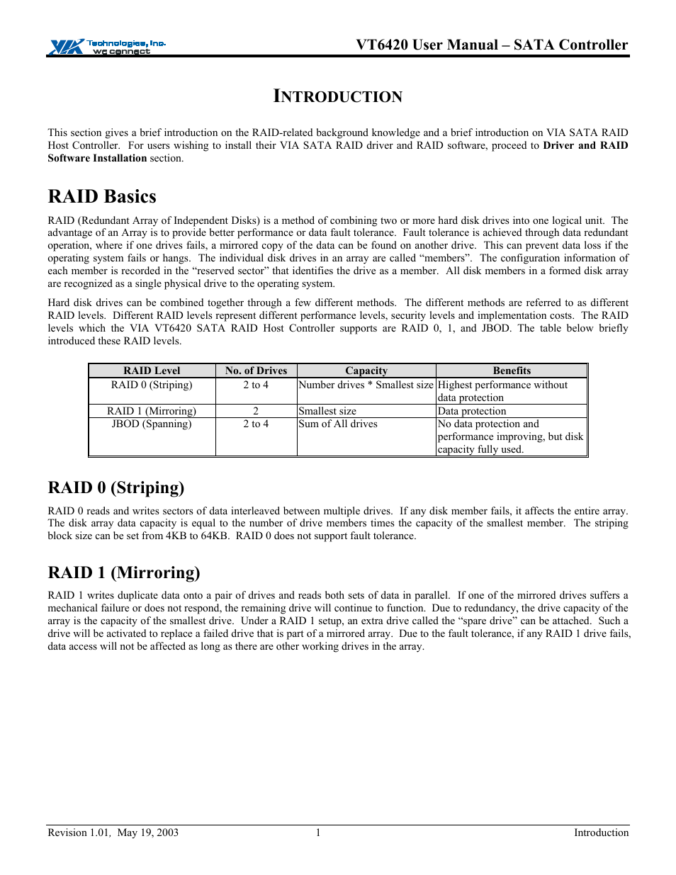 Introduction, Raid basics, Raid 0 (striping) | Raid 1 (mirroring), Ntroduction, Vt6420 user manual – sata controller | Elitegroup P71EN installation User Manual | Page 5 / 47