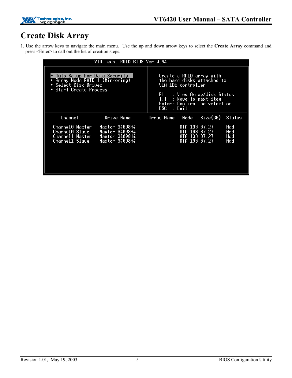Create disk array, Vt6420 user manual – sata controller | Elitegroup P71EN installation User Manual | Page 9 / 47