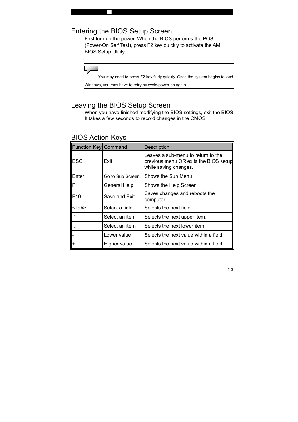 Entering the bios setup screen, Leaving the bios setup screen, Bios action keys | Elitegroup P50CA v.2 User Manual | Page 3 / 8