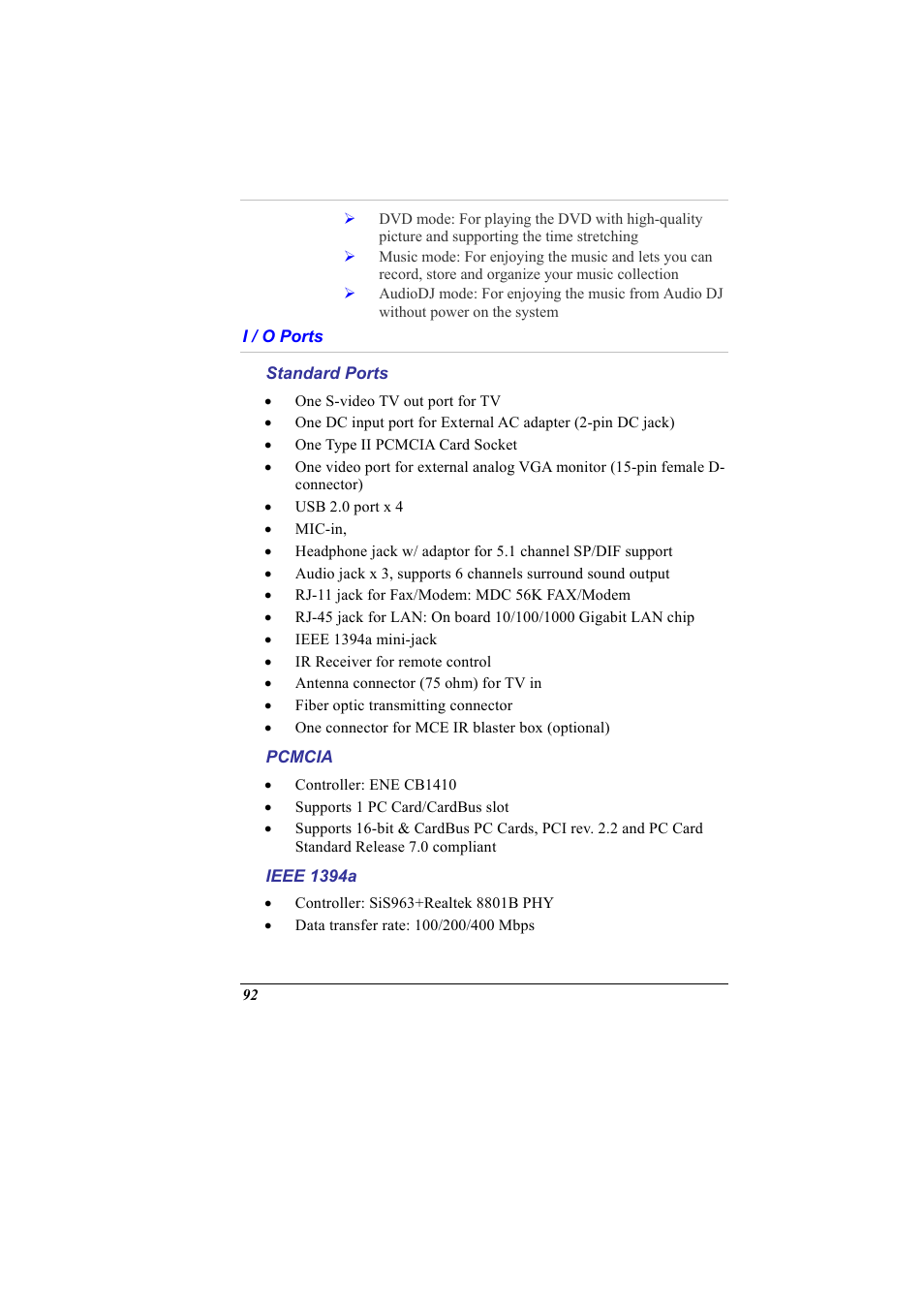 I / o ports, Standard ports, Pcmcia | Ieee 1394a | Elitegroup G900 User Manual User Manual | Page 100 / 103