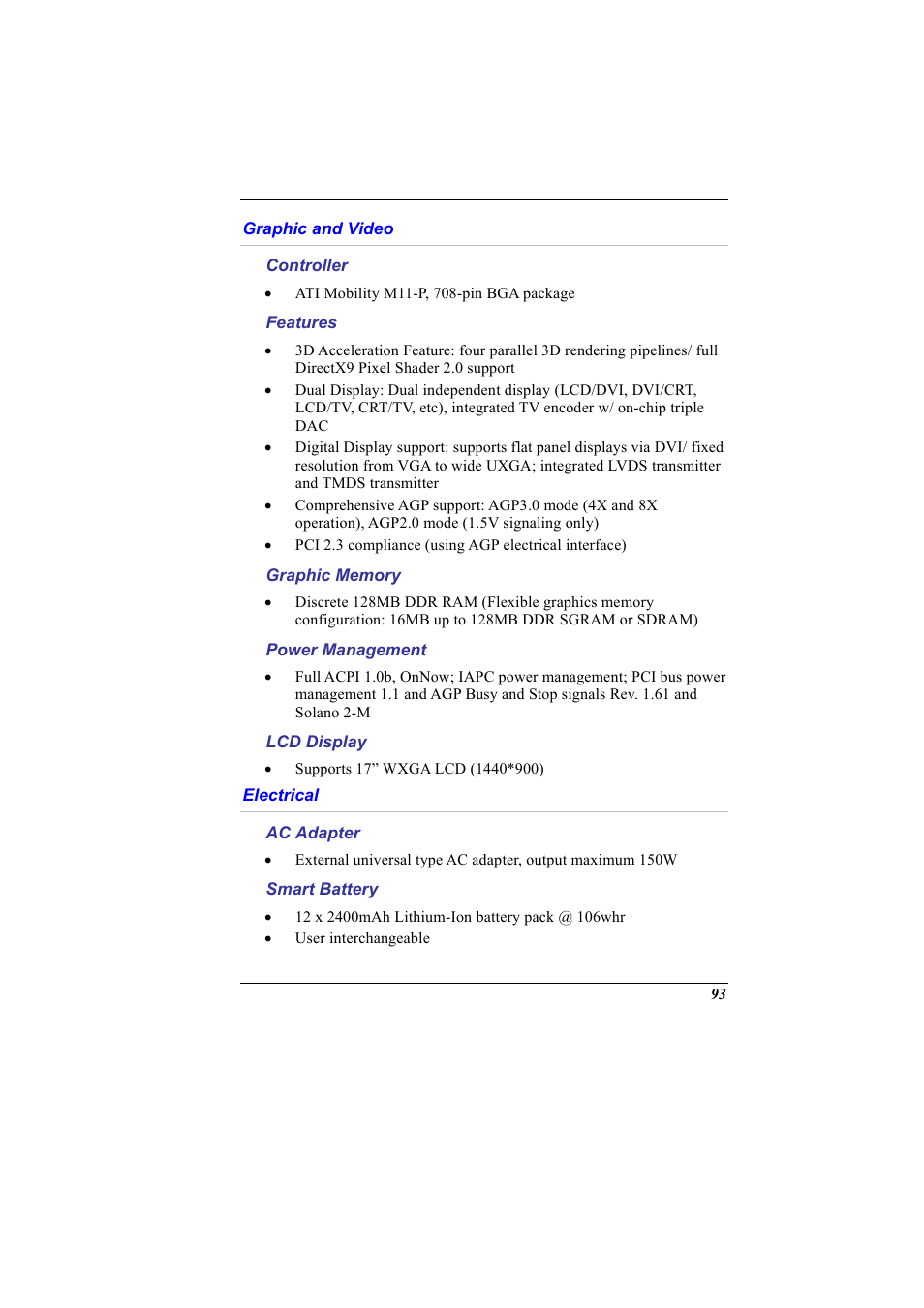 Graphic and video, Controller, Features | Graphic memory, Power management, Lcd display, Electrical, Ac adapter, Smart battery | Elitegroup G900 User Manual User Manual | Page 101 / 103