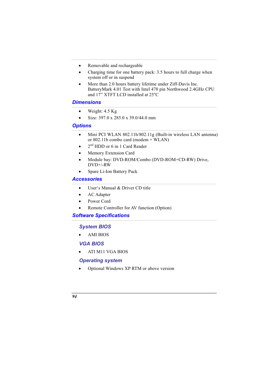 Dimensions, Options, Accessories | Software specifications, System bios, Vga bios, Operating system | Elitegroup G900 User Manual User Manual | Page 102 / 103