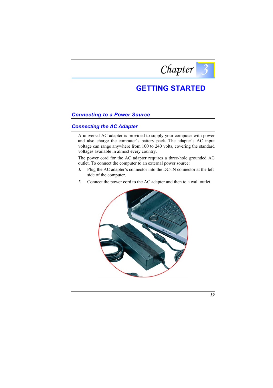 Connecting to a power source, Connecting the ac adapter, Chapter 3: getting started | Getting started | Elitegroup G900 User Manual User Manual | Page 27 / 103