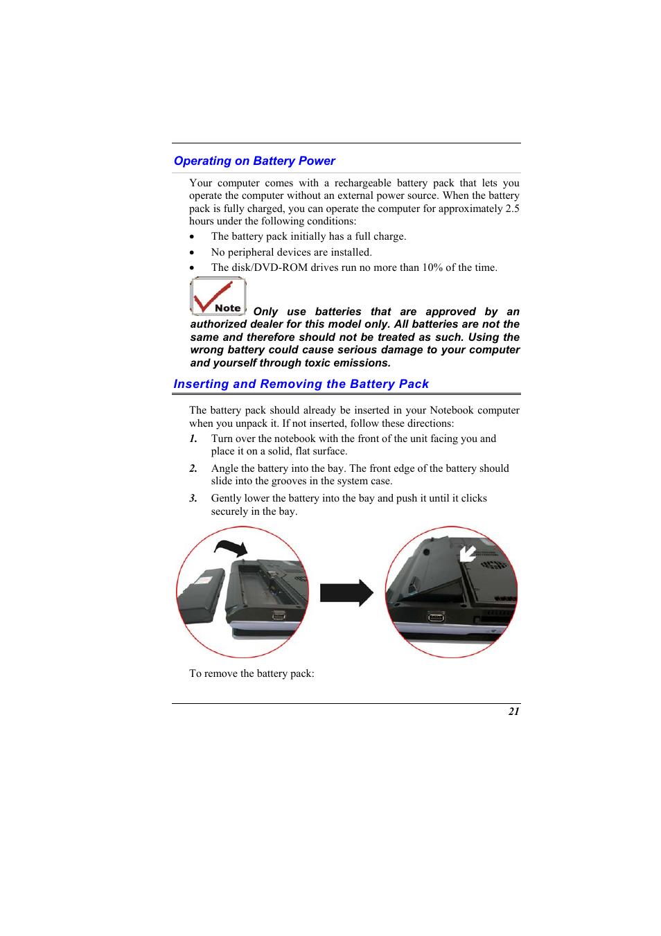 Operating on battery power, Inserting and removing the battery pack | Elitegroup G900 User Manual User Manual | Page 29 / 103