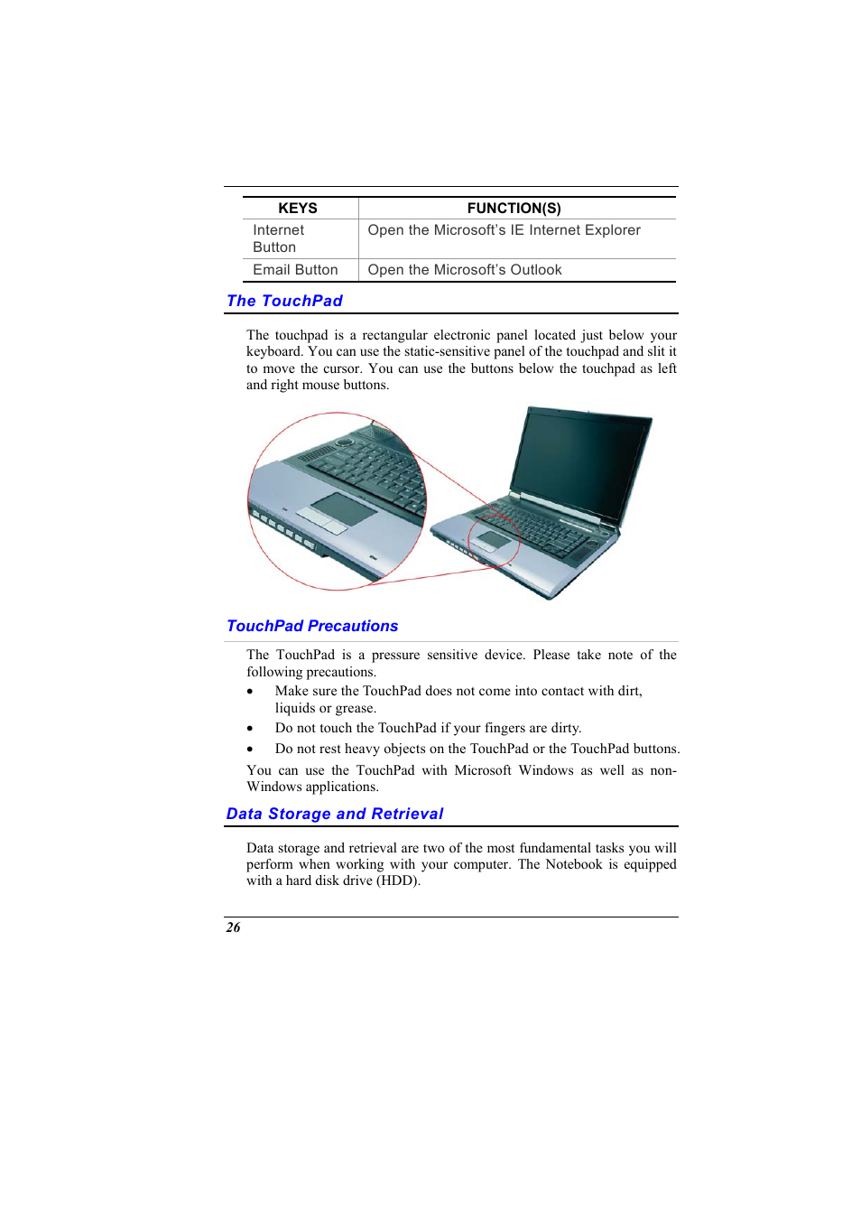 The touchpad, Touchpad precautions, Data storage and retrieval | Elitegroup G900 User Manual User Manual | Page 34 / 103