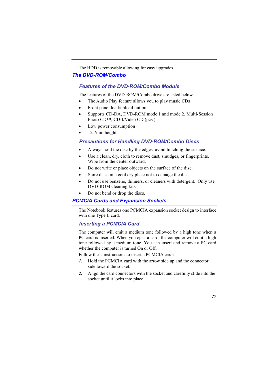 The dvd-rom/combo, Features of the dvd-rom/combo module, Precautions for handling dvd-rom/combo discs | Pcmcia cards and expansion sockets, Inserting a pcmcia card | Elitegroup G900 User Manual User Manual | Page 35 / 103