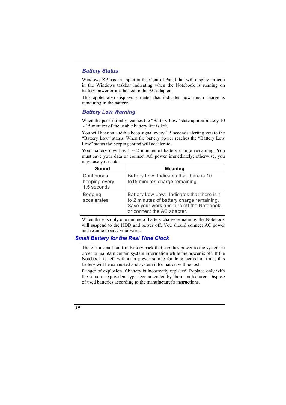 Battery status, Battery low warning, Small battery for the real time clock | Elitegroup G900 User Manual User Manual | Page 38 / 103