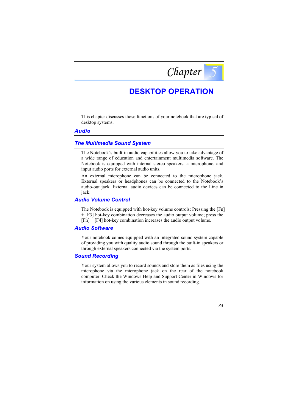 Audio, The multimedia sound system, Audio volume control | Audio software, Sound recording, Chapter 5: desktop operation, Desktop operation | Elitegroup G900 User Manual User Manual | Page 41 / 103