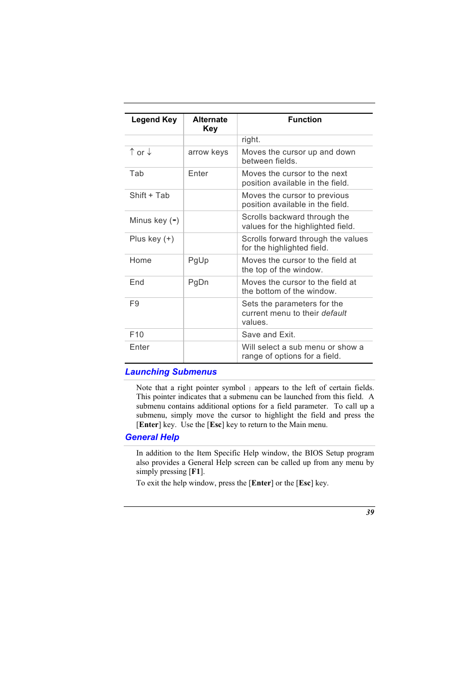 Launching submenus, General help | Elitegroup G900 User Manual User Manual | Page 47 / 103