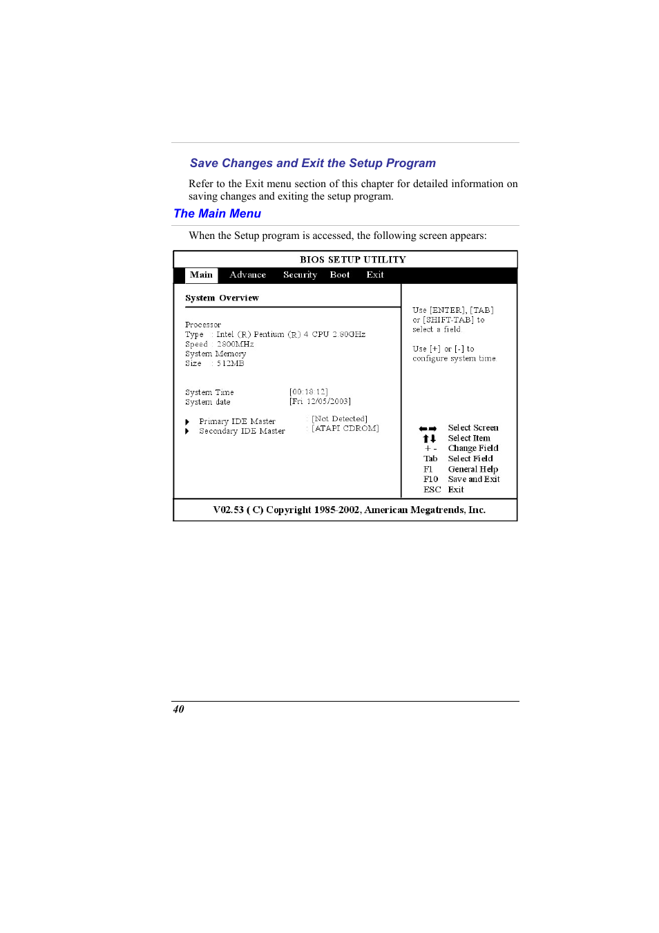 Save changes and exit the setup program, The main menu | Elitegroup G900 User Manual User Manual | Page 48 / 103