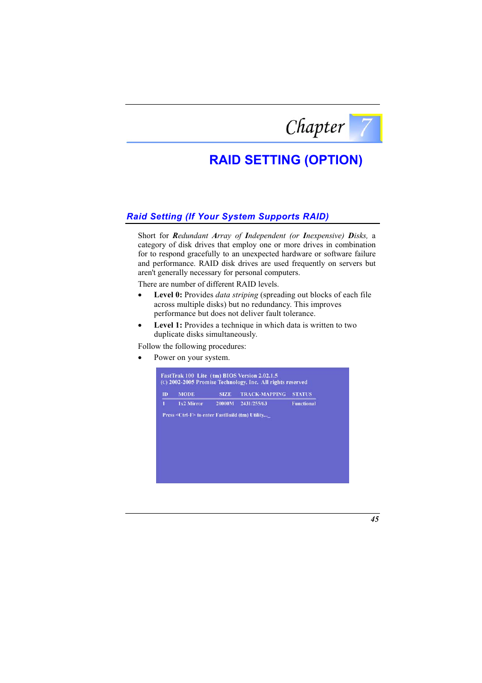 Raid setting (if your system supports raid), Chapter 7: raid setting (option), Raid setting (option) | Elitegroup G900 User Manual User Manual | Page 53 / 103